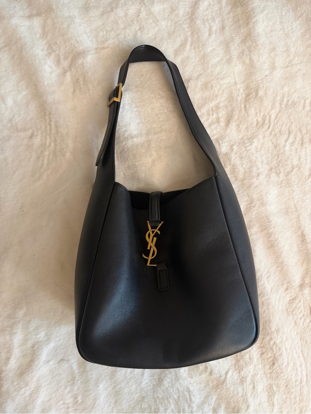 Saint Laurent Black Leather Hobo with Gold YSL Accent